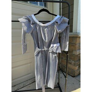 Off-Shoulder Striped Ruffle Dress By Laundry  Medium Size  Cotton Blend  B&W